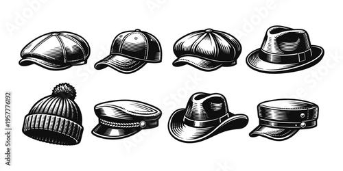 Collection of vintage hats and caps in a retro engraved style