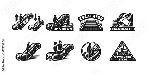 Collection of escalator icons showing people using moving stairs for up and down travel