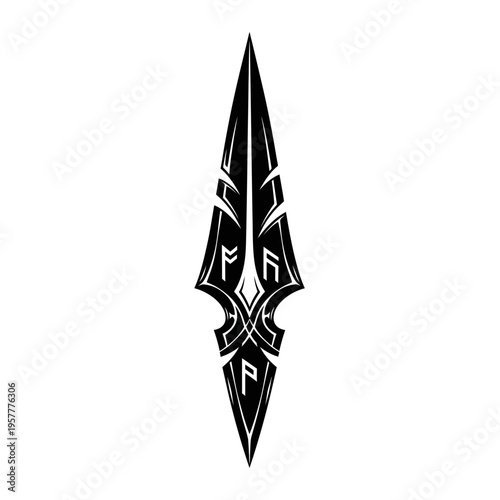 A striking black tribal spearhead design with intricate geometric patterns and runic symbols, symbolizing power and ancient heritage.