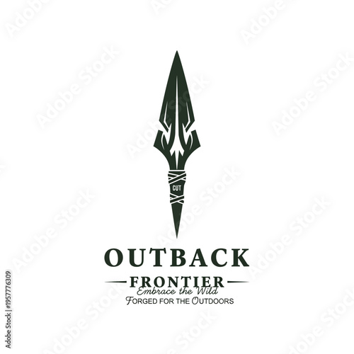 A striking dark green spearhead logo with the text "OUTBACK FRONTIER Embrace the Wild Forged for the Outdoors" below it, symbolizing adventure and the wilderness.