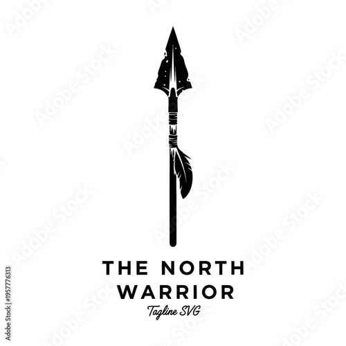 A striking black and white graphic design featuring a stylized Native American arrowhead with feathers, accompanied by the text "THE NORTH WARRIOR" and "Tagline SVG".