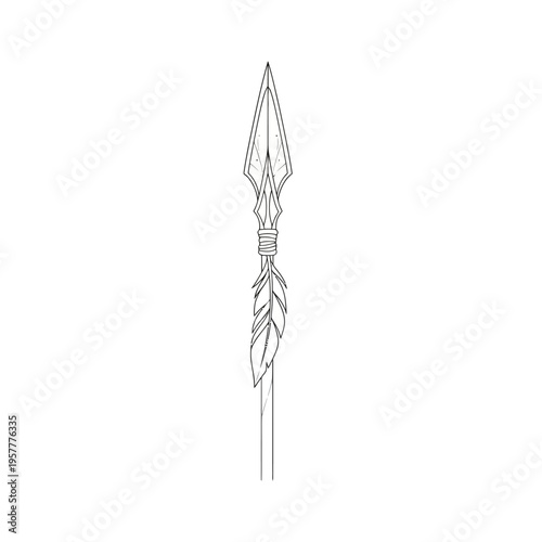 A detailed line art illustration of a tribal spear adorned with a feather, showcasing intricate craftsmanship and ancient design elements.