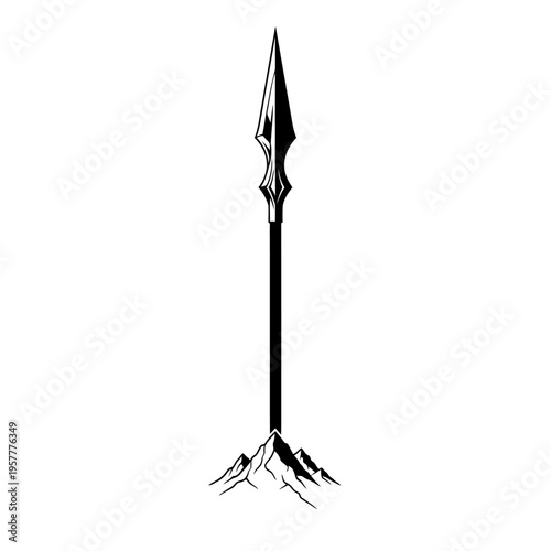 A striking black and white illustration of a spear piercing the summit of a mountain, symbolizing power and achievement.