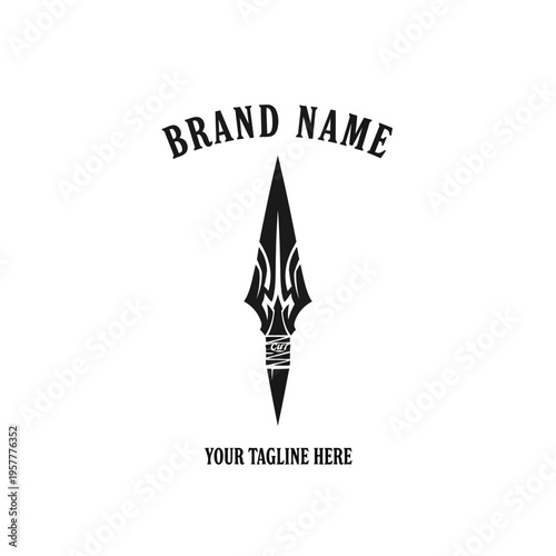 A striking black and white logo design featuring a stylized spearhead with tribal markings, set against a plain background, with text placeholders for 'BRAND NAME' and 'YOUR TAGLINE HERE'.