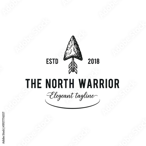 Vintage arrowhead logo with "The North Warrior" text and "Elegant tagline" below, ESTD 2018.