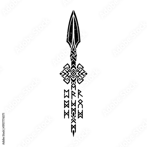 A striking black and white illustration of a Viking spear adorned with intricate knotwork and runic symbols, symbolizing ancient warfare and Norse mythology.
