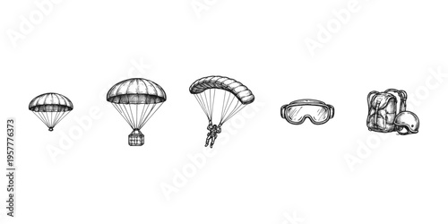Collection of hand-drawn parachutes, goggles, backpack, and helmet in sketch style