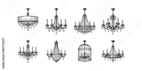 Collection of elegant vintage chandeliers with crystal drops and candle lights
