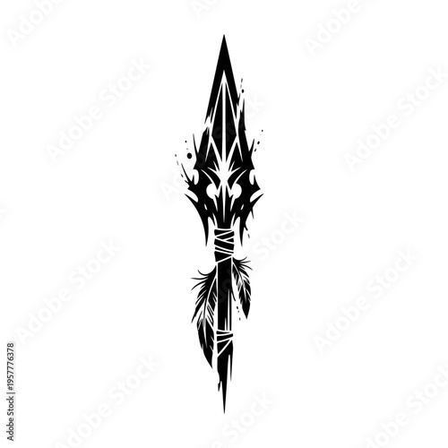 A striking black tribal spear design with intricate details and feather accents, symbolizing power and ancient warfare.