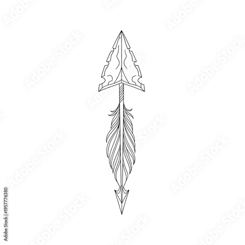 A minimalist line art illustration of an ancient arrowhead with a detailed feather fletching, symbolizing Native American heritage and the spirit of the wild.