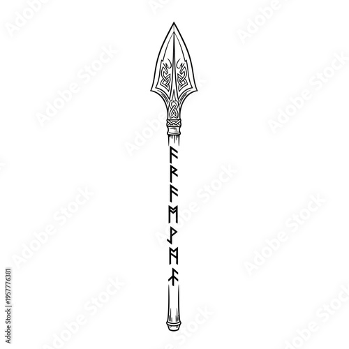 An intricately designed spear with ancient runes etched along its shaft, presented in a monochrome illustration.