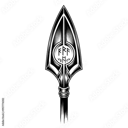 A striking black and white illustration of a stylized arrowhead featuring intricate Nordic runes within a circular emblem.