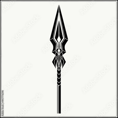A striking black and white illustration of a stylized, ornate spearhead with a long shaft, presented against a plain background.