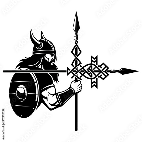 A fierce Viking warrior with a horned helmet, beard, shield, and spear, adorned with intricate knotwork and a fish symbol.