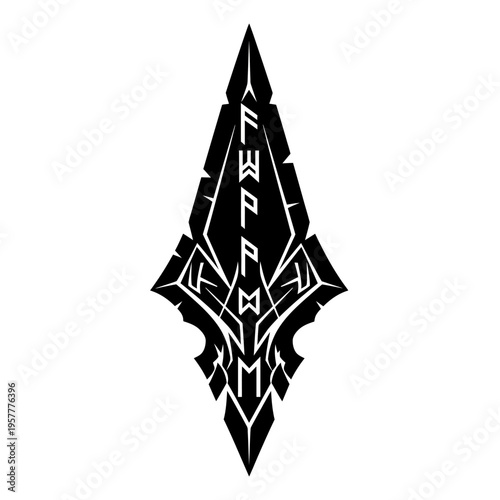 A stylized black tribal spearhead design with ancient runes etched into its surface, set against a white background.