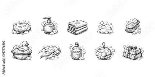 Collection of hand-drawn bathroom hygiene and cleaning icons with soap and bubbles
