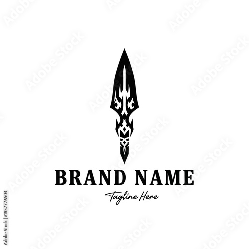 A striking black tribal spearhead logo design with ornate details and the text "BRAND NAME" and "Tagline Here" below.