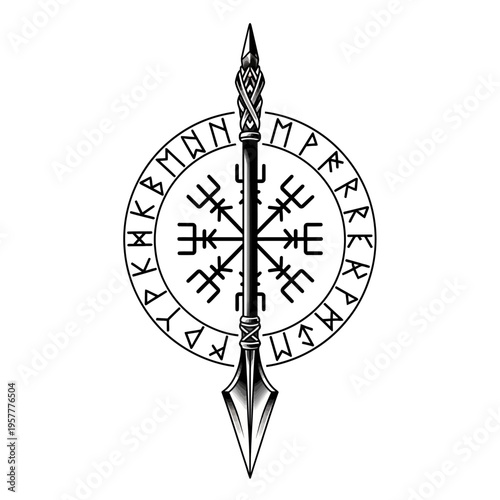 A striking black and white illustration of a Viking spear piercing through the Vegvisir compass, symbolizing guidance and protection.