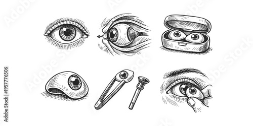 Collection of hand-drawn illustrations depicting various aspects of eye care and contact lens usage