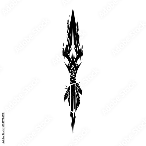 A striking black and white illustration of a stylized, ornate, and sharp-edged sword with a tribal or gothic aesthetic, featuring intricate detailing and a feathered hilt.