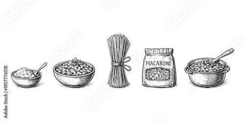 Hand-drawn collection of pasta and beans in bowls, bag, and pot
