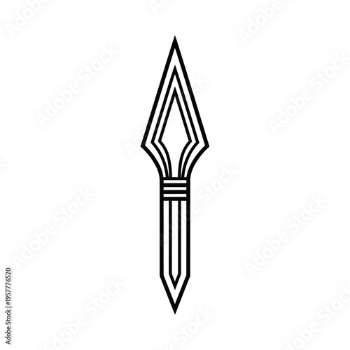 A minimalist black and white line art illustration of a spearhead with a banded shaft.