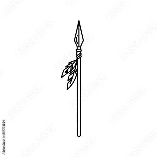 A simple line drawing of a spear with feathers attached to the shaft, symbolizing ancient weaponry and tribal aesthetics.