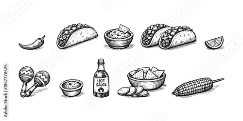 Hand-drawn Mexican food and fiesta elements in a sketch style