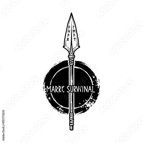 A striking black and white illustration features a spear piercing a distressed circular emblem with the words 'MARRC SURVIVAL' inscribed within.