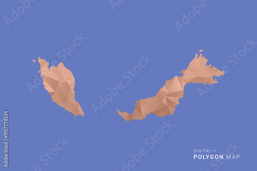 Malaysia Map - Orange Polygon Vector Illustration on Deep Blue Background, Low Poly Geometric Design, Modern Abstract Country Silhouette for Infographics and Presentation Use.