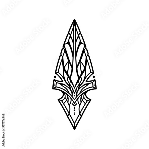 Intricate Arrowhead Design with Geometric and Organic Elements, Black and White Line Art.
