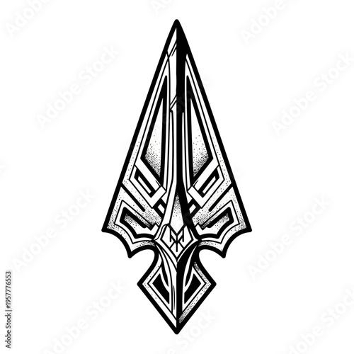 A stylized, geometric arrowhead design with intricate linework and shading, evoking a sense of ancient weaponry and modern art.