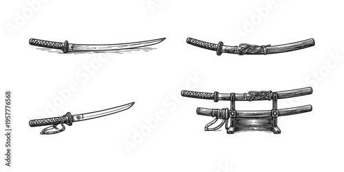 Collection of Japanese katana swords in a vintage hand-drawn illustration style