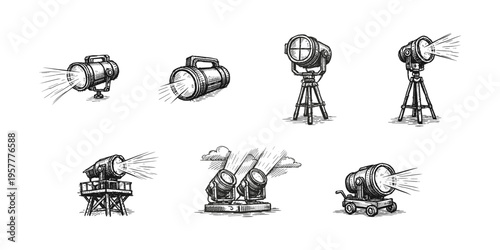 Collection of hand-drawn spotlight illustrations with beams of light shining outwards