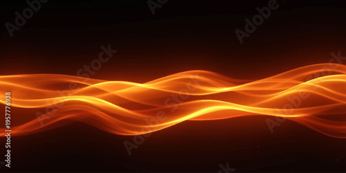 An abstract orange fire background features flowing red and yellow waves of energy and flame motion in a bright vector illustration design with light curves on a dark texture backdrop