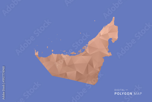 United Arab Emirates Map - Orange Polygon Vector Illustration on Deep Blue Background, Low Poly Geometric Design, Modern Abstract Country Silhouette for Infographics and Presentation Use.