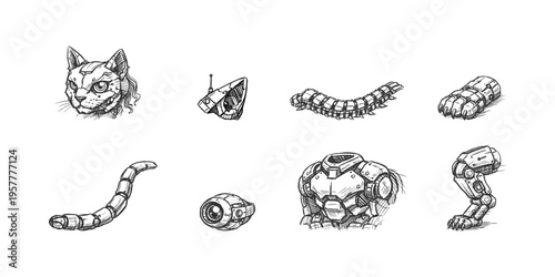Collection of hand-drawn robotic parts including a cat head, mechanical limbs, and body segments