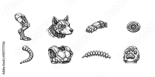 Collection of hand-drawn steampunk robot animal parts and accessories on white background