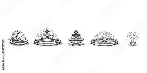 Collection of five different sketched fountains, including a fish-shaped one, on a white background