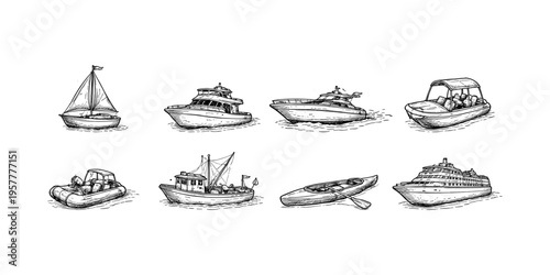 Collection of hand-drawn boats and watercraft on a white background