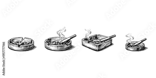 Collection of ashtrays with cigarette butts and smoking cigarettes, hand-drawn illustration