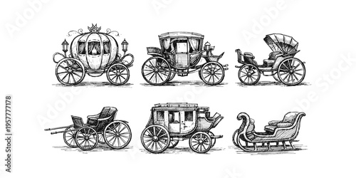 Collection of vintage horse-drawn carriages and a sleigh in a detailed ink sketch style