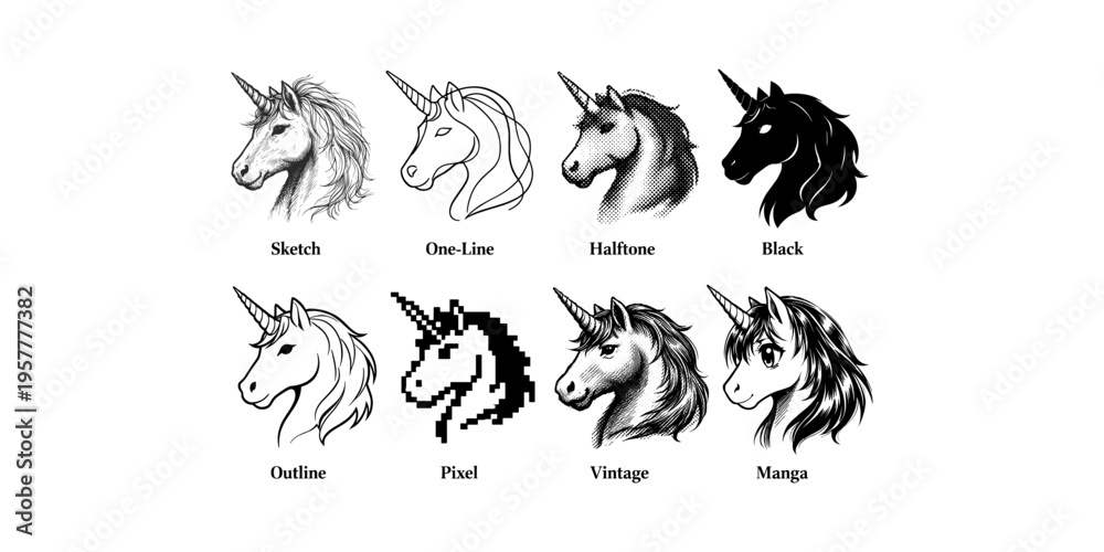 Obraz premium Collection of unicorn head illustrations in various artistic styles and techniques