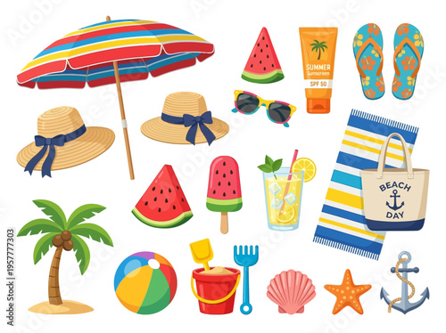 A vibrant collection of summer-themed icons including beach essentials, tropical fruits, and vacation activities.