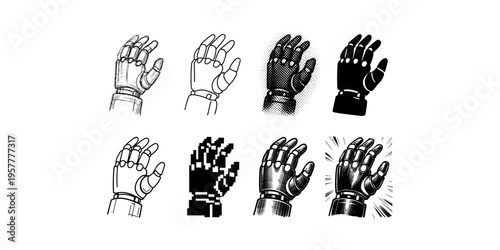 Collection of robotic hands in various artistic styles and rendering techniques