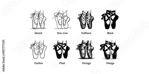 Collection of ballet pointe shoes illustrated in various artistic styles and techniques