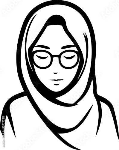 Hand Drawn Woman Wearing Hijab Black and White Avatar Illustration in Minimal Solid Art Style Design