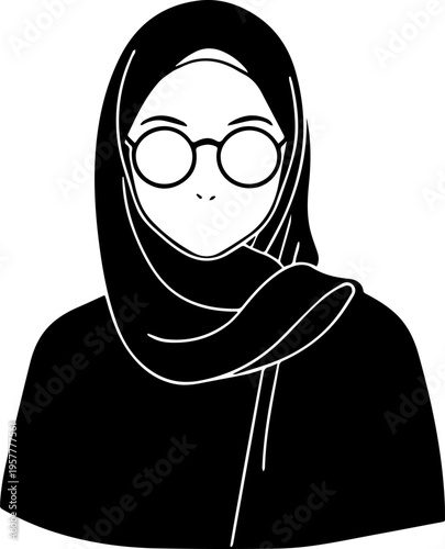 Hand Drawn Woman Wearing Hijab Black and White Avatar Illustration in Minimal Solid Art Style Design