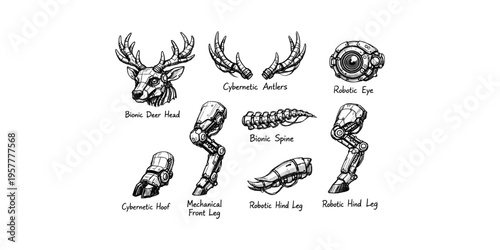 Collection of bionic and robotic deer parts, including head, legs, spine, and eye