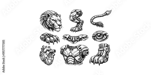 Collection of hand-drawn steampunk mechanical parts including a lion head, heart, and limbs